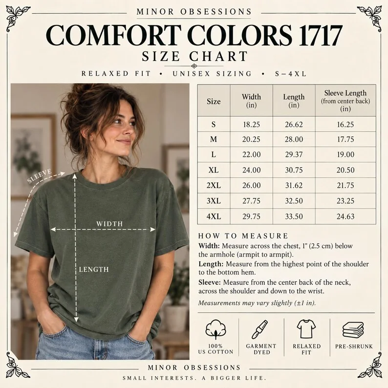 A size chart for a Comfort Colors 1717 t-shirt, featuring a table with width, length, and sleeve measurements in inches for sizes S to 4XL. The graphic includes a visual guide on a dark olive green t-shirt and icons for cotton, garment-dyed, relaxed fit, and pre-shrunk fabric.