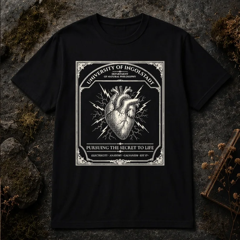Flat lay of black Comfort Colors 1717 Frankenstein University of Ingolstadt t-shirt showing anatomical heart woodcut illustration