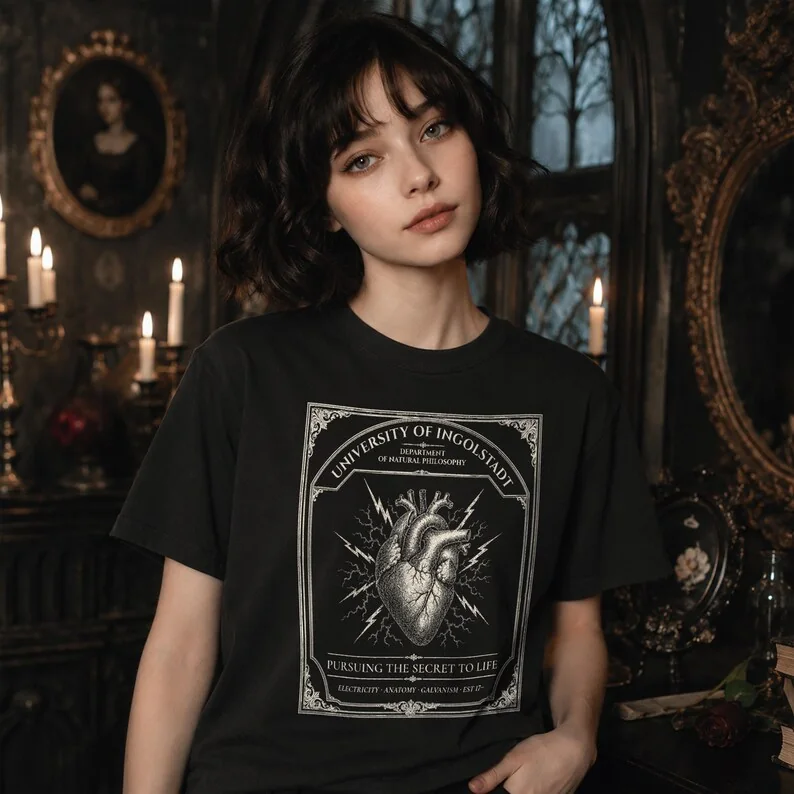 Close-up of black Comfort Colors Frankenstein gothic literary t-shirt featuring anatomical heart illustration on a dark academia model