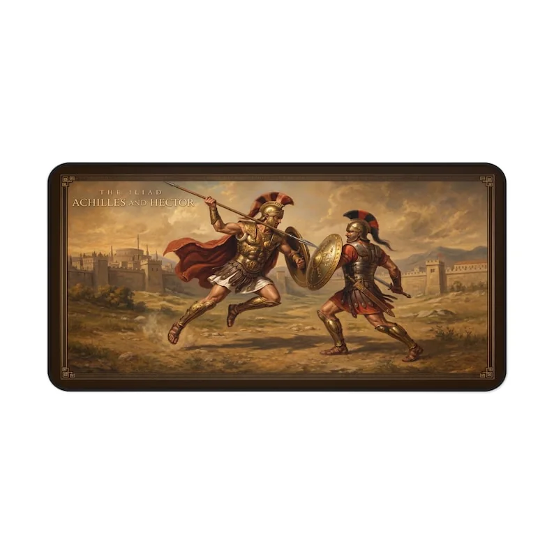 Achilles and Hector desk mat showing the two Trojan War warriors in combat before the walls of Troy in a neoclassical painted style.