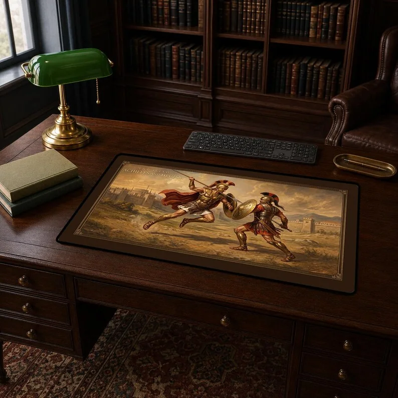 Achilles and Hector desk mat showing the two Trojan War warriors in combat before the walls of Troy in a neoclassical painted style.