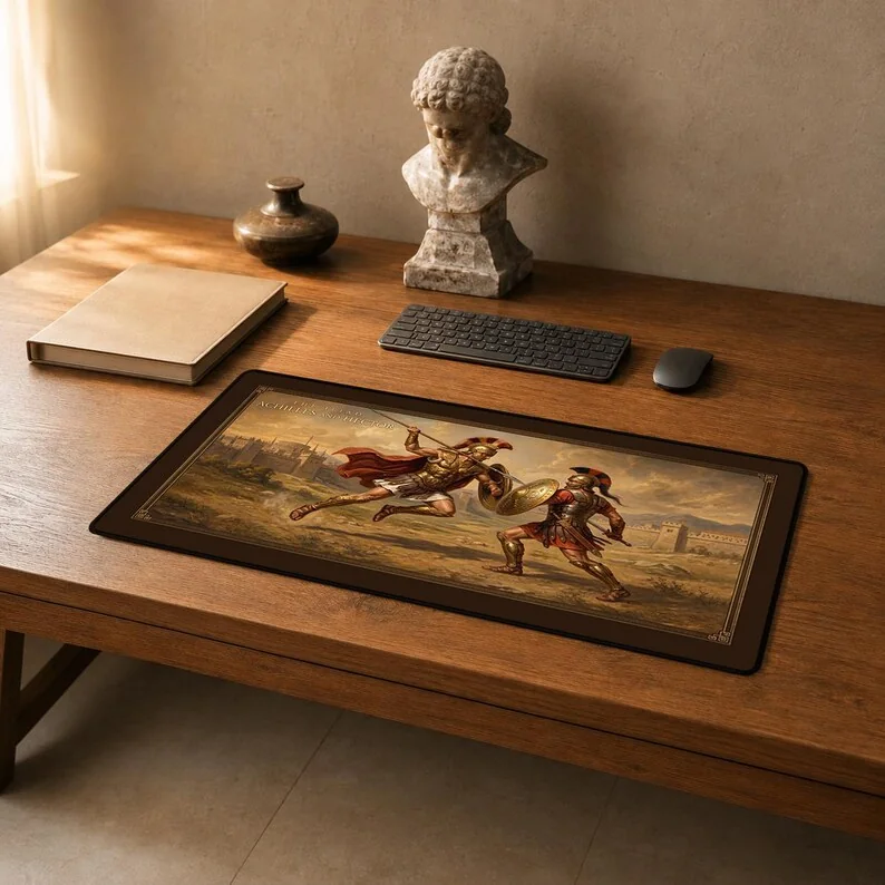 Achilles and Hector desk mat showing the two Trojan War warriors in combat before the walls of Troy in a neoclassical painted style.