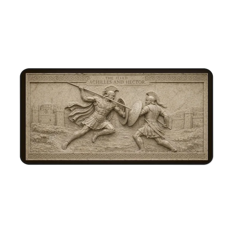 Achilles and Hector desk mat depicting their combat as an aged carved marble relief with restrained chips, scratches and surface erosion.