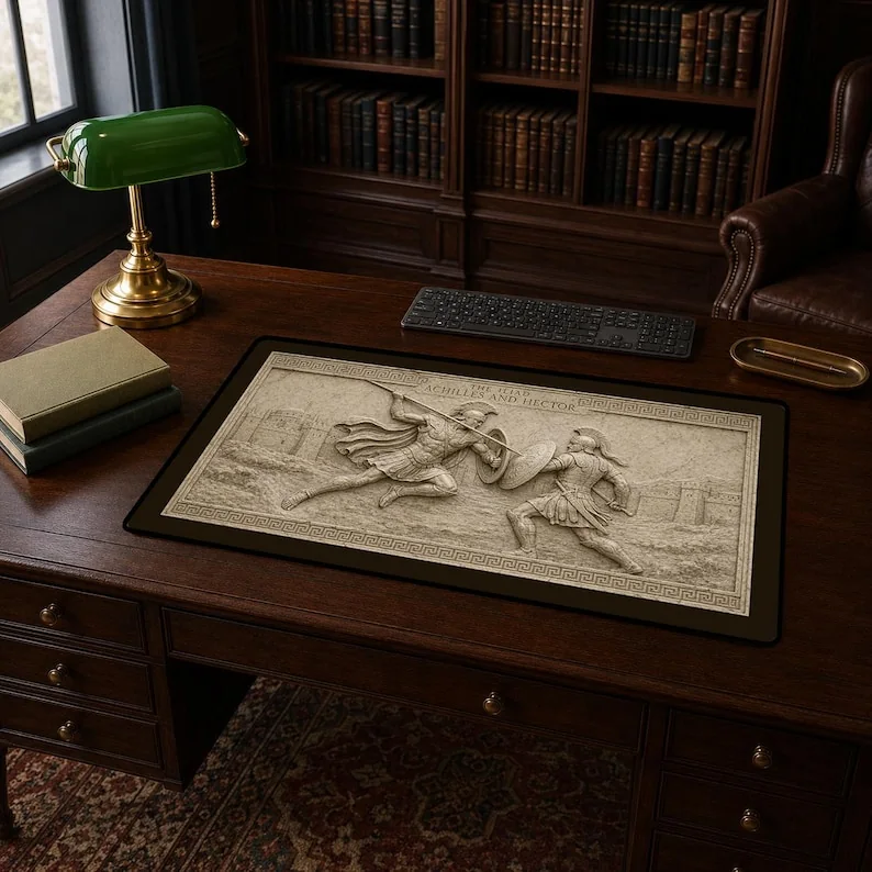 Achilles and Hector desk mat depicting their combat as an aged carved marble relief with restrained chips, scratches and surface erosion.