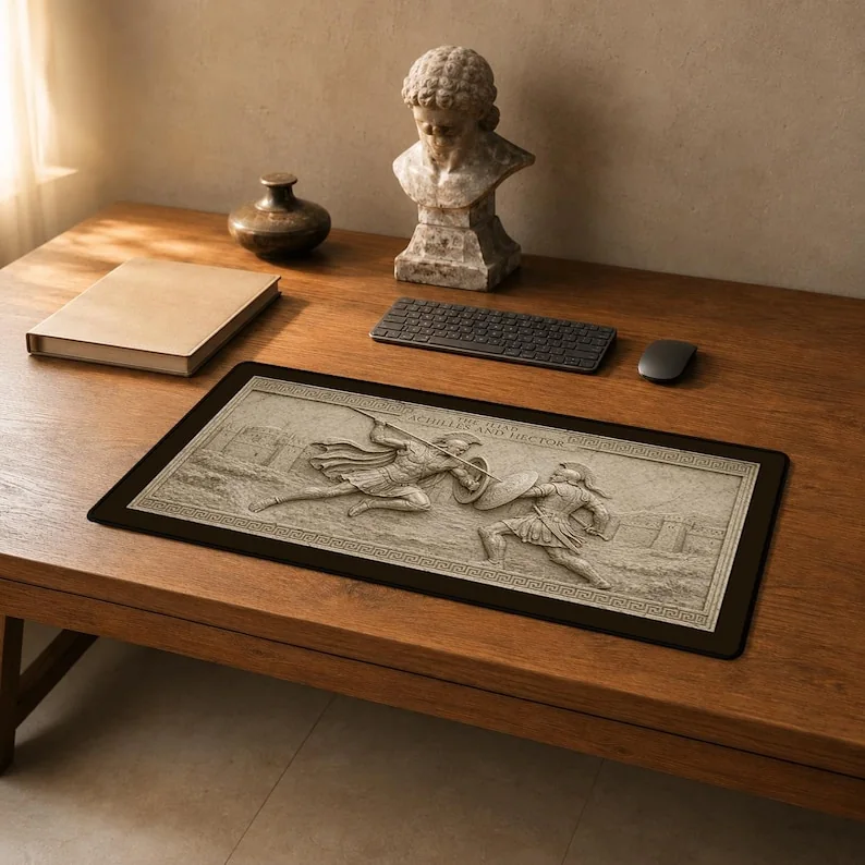 Achilles and Hector desk mat depicting their combat as an aged carved marble relief with restrained chips, scratches and surface erosion.