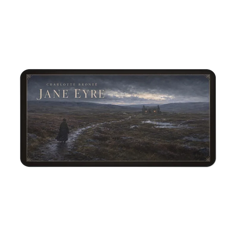 Charlotte Brontë’s Jane Eyre desk mat showing Jane crossing the windswept moors towards Moor House within an elegant Gothic border.