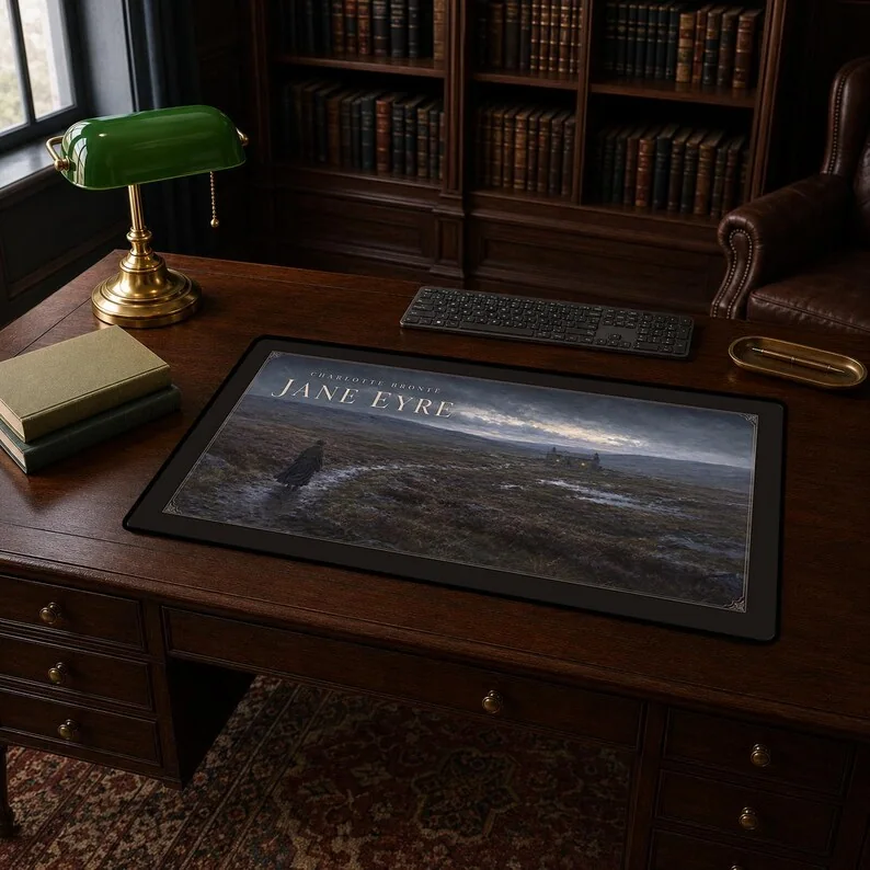 Charlotte Brontë’s Jane Eyre desk mat showing Jane crossing the windswept moors towards Moor House within an elegant Gothic border.