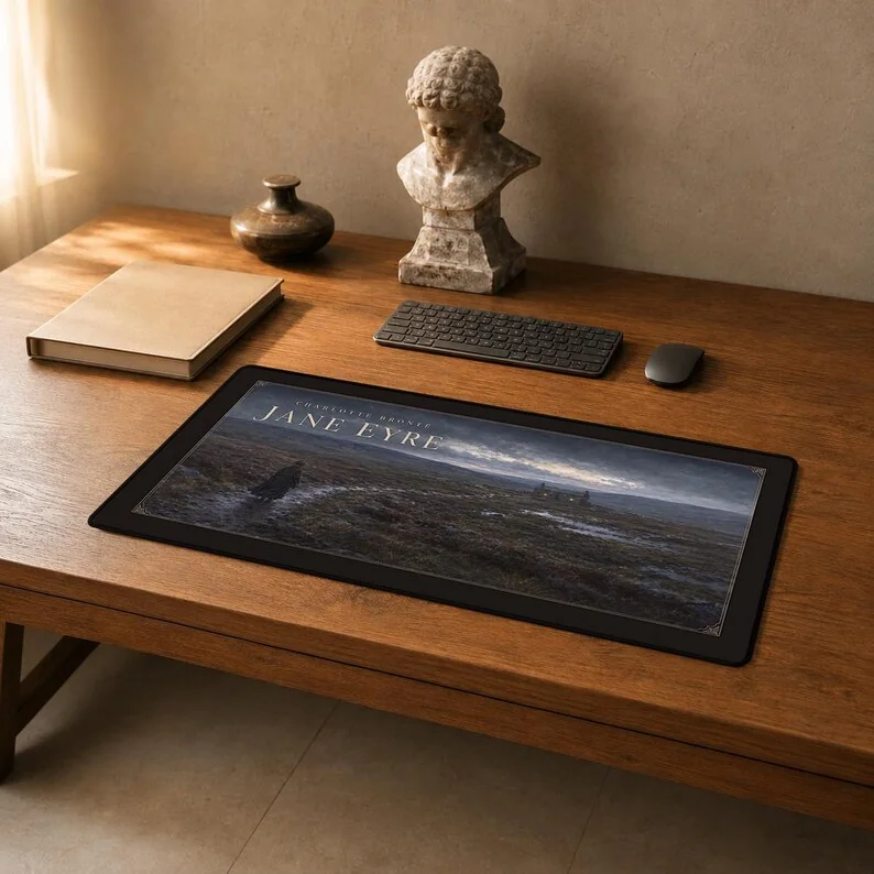 Charlotte Brontë’s Jane Eyre desk mat showing Jane crossing the windswept moors towards Moor House within an elegant Gothic border.
