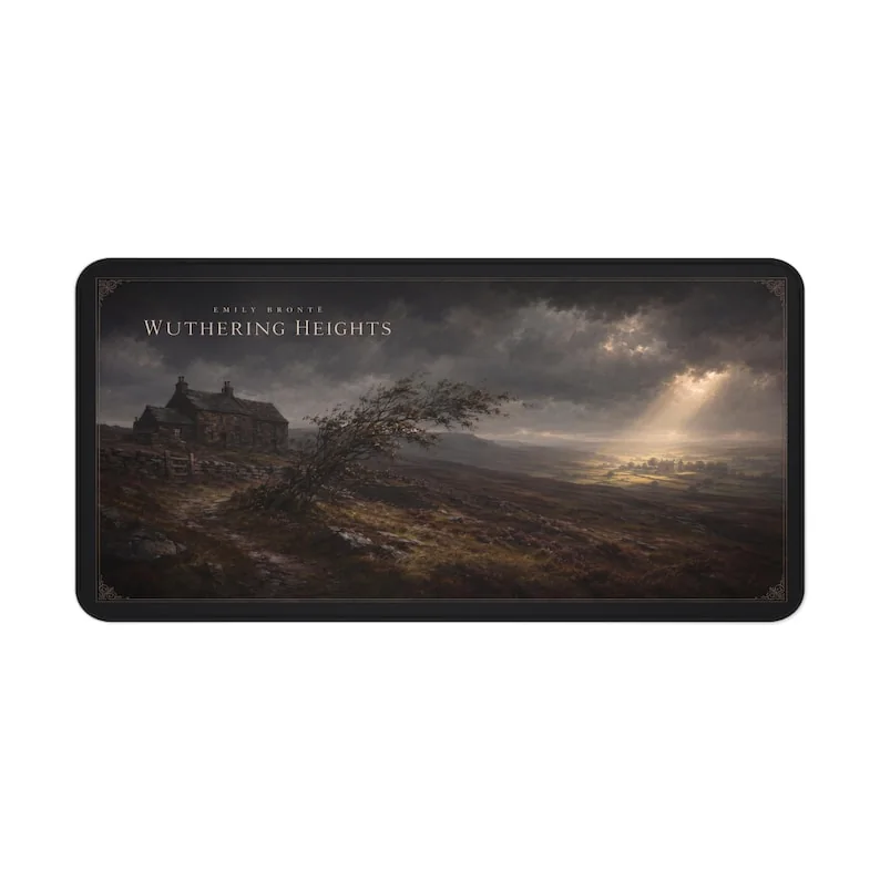 Emily Brontë’s Wuthering Heights desk mat showing the Heights on the wild moors, Thrushcross Grange in distant sunlight and a windswept tree.