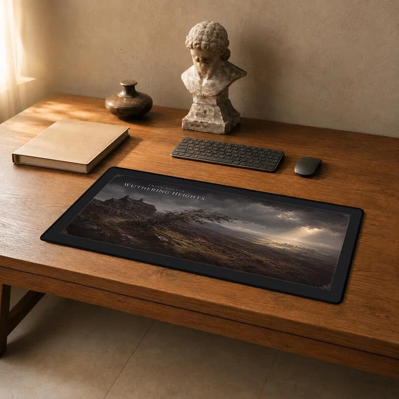 Emily Brontë’s Wuthering Heights desk mat showing the Heights on the wild moors, Thrushcross Grange in distant sunlight and a windswept tree.