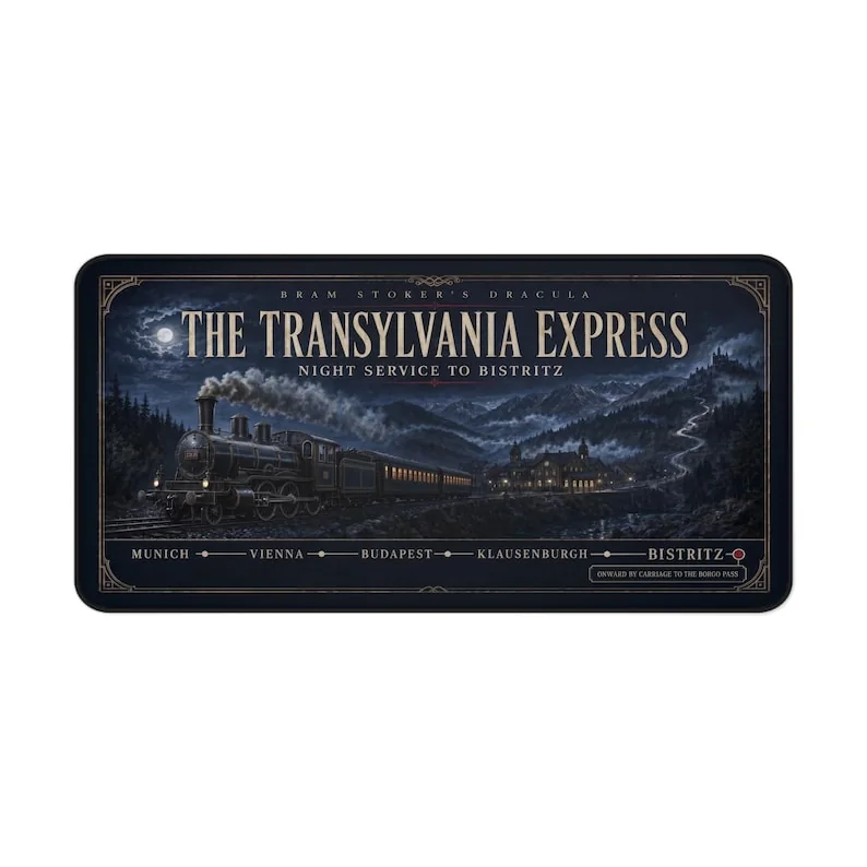 Bram Stoker’s Dracula desk mat designed as a vintage Transylvania Express poster with a European steam train and route to Bistritz