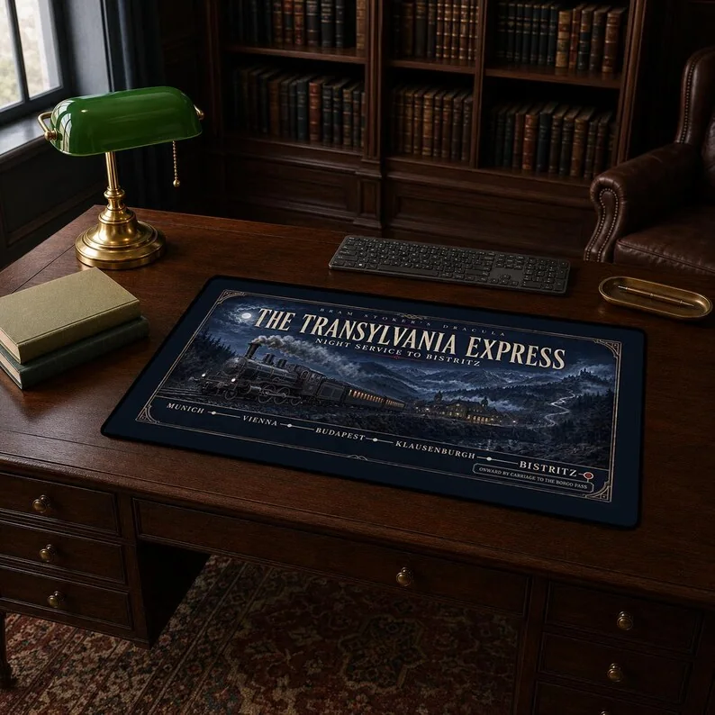 Bram Stoker’s Dracula desk mat designed as a vintage Transylvania Express poster with a European steam train and route to Bistritz