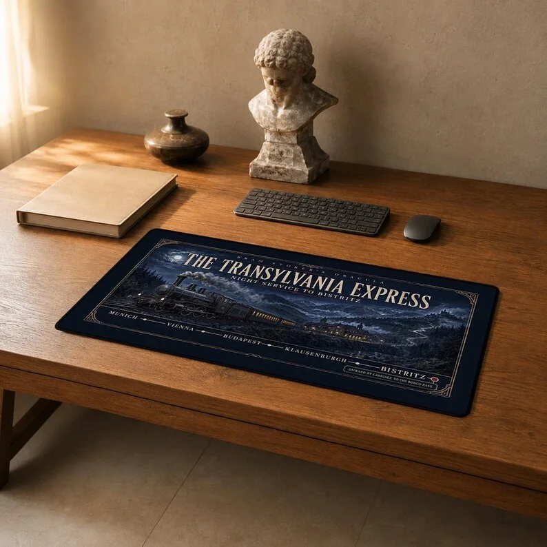 Bram Stoker’s Dracula desk mat designed as a vintage Transylvania Express poster with a European steam train and route to Bistritz