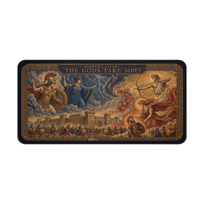 The Gods Choose Their Side literary desk mat featuring Greek gods intervening above the Trojan War in an ancient mosaic-inspired design