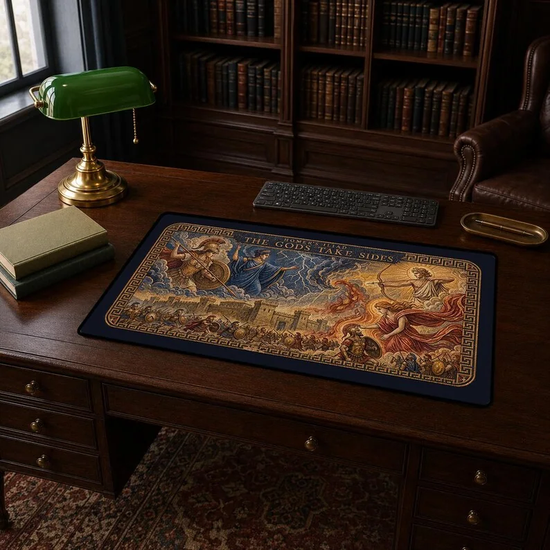 The Gods Choose Their Side literary desk mat featuring Greek gods intervening above the Trojan War in an ancient mosaic-inspired design