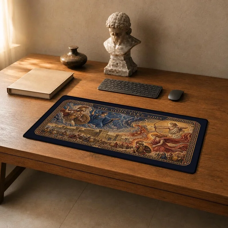 The Gods Choose Their Side literary desk mat featuring Greek gods intervening above the Trojan War in an ancient mosaic-inspired design