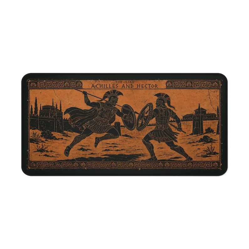 Achilles and Hector desk mat depicting the warriors in an aged Attic black-figure pottery style with warm terracotta and black decoration.