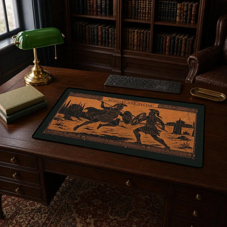 Achilles and Hector desk mat depicting the warriors in an aged Attic black-figure pottery style with warm terracotta and black decoration.
