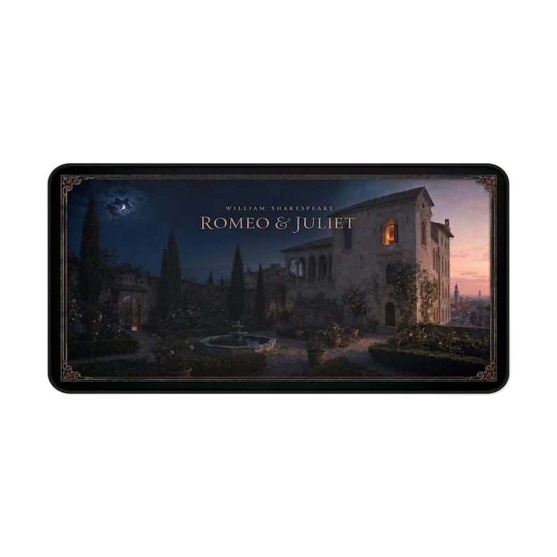 William Shakespeare’s Romeo and Juliet desk mat featuring a moonlit Verona castle scene presented in an elegant romantic Gothic style.