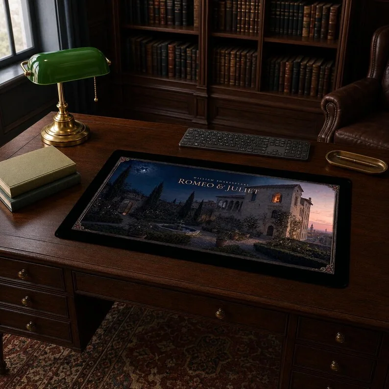 William Shakespeare’s Romeo and Juliet desk mat featuring a moonlit Verona castle scene presented in an elegant romantic Gothic style.