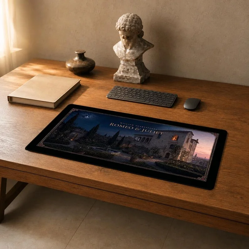William Shakespeare’s Romeo and Juliet desk mat featuring a moonlit Verona castle scene presented in an elegant romantic Gothic style.