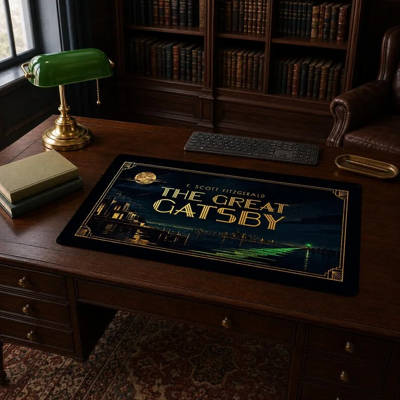 F. Scott Fitzgerald’s The Great Gatsby desk mat featuring the novel’s title as the focus within a symmetrical black-and-gold Art Deco design.