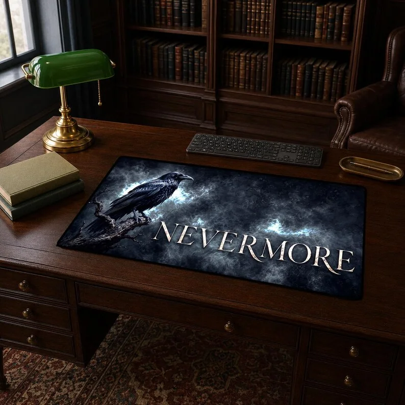 Nevermore Desk Mat: A solitary raven, charcoal fog and NEVERMORE typography for readers of Edgar Allan Poe.
