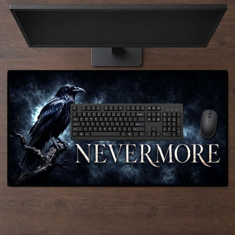 Edgar Allan Poe Raven Desk Mat | Nevermore Workspace Pad | Gothic Mouse mat Right Handed Desk Mat / 16" × 32"