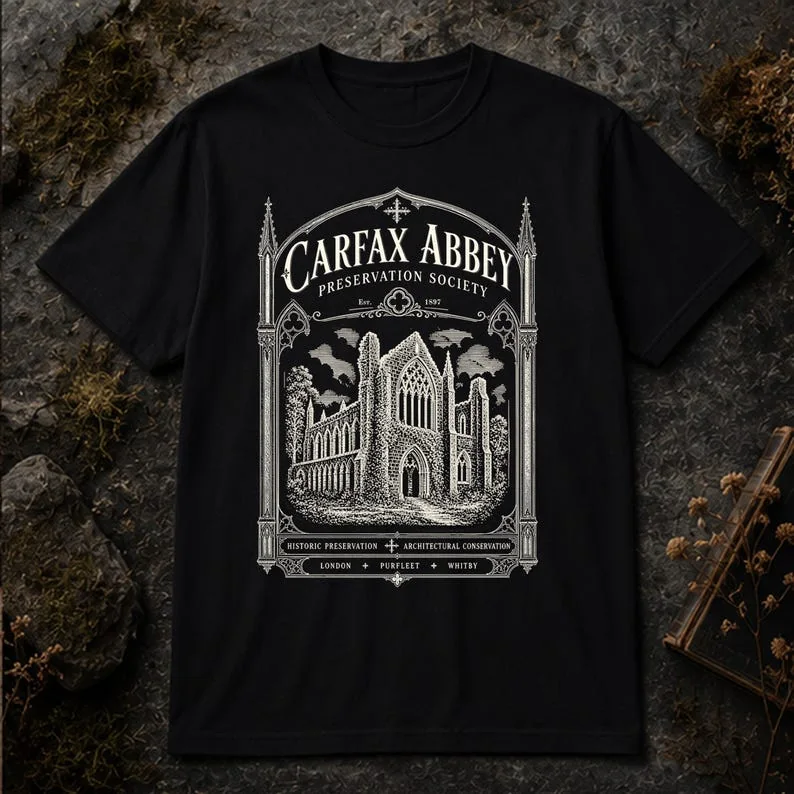 Black Carfax Abbey Comfort Colors T-shirt featuring a Gothic preservation society design inspired by Bram Stoker’s Dracula.