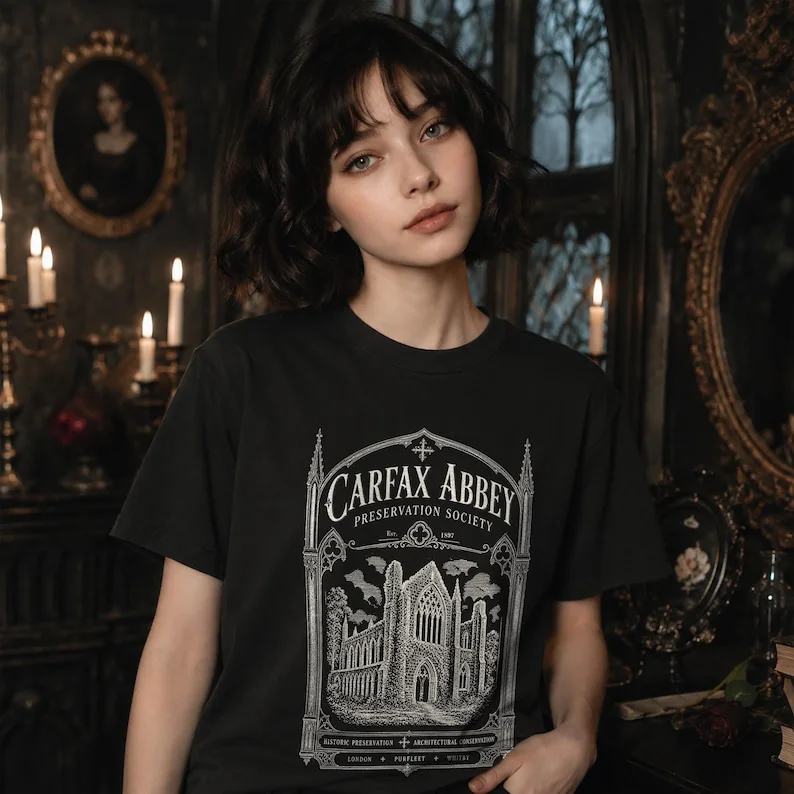 Woman wearing a black Carfax Abbey Dracula shirt with detailed Gothic abbey artwork in a dark vintage library setting.