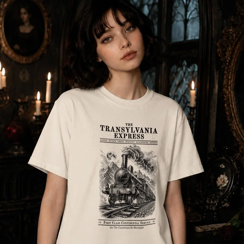 Woman wearing ivory Transylvania Express literary T-shirt with detailed Dracula-inspired railway artwork in a dark vintage interior.