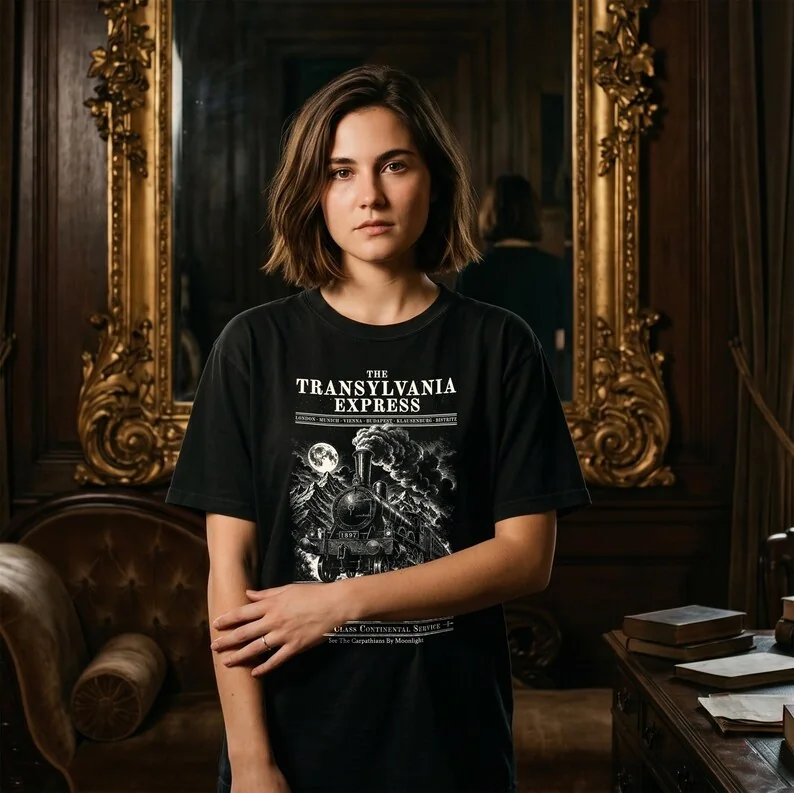 Woman wearing black Transylvania Express T-shirt featuring a vintage Gothic railway design inspired by Bram Stoker’s Dracula.