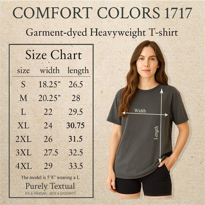 Comfort Colors 1717 T-shirt size chart showing garment width and length measurements across available sizes