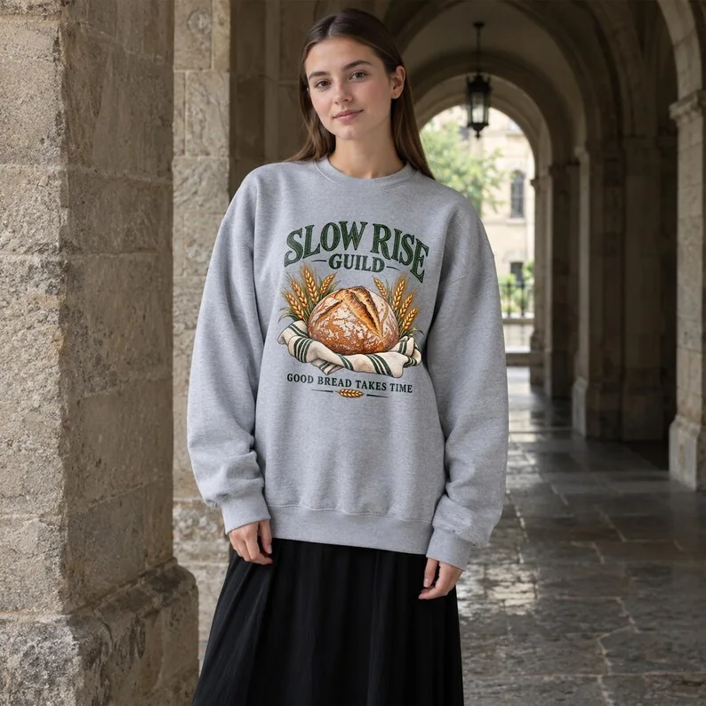 Sport Grey Slow Rise Guild sweatshirt on woman, vintage sourdough bread baker design