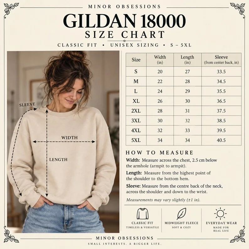 Gildan 18000 crewneck sweatshirt size chart and fit guide