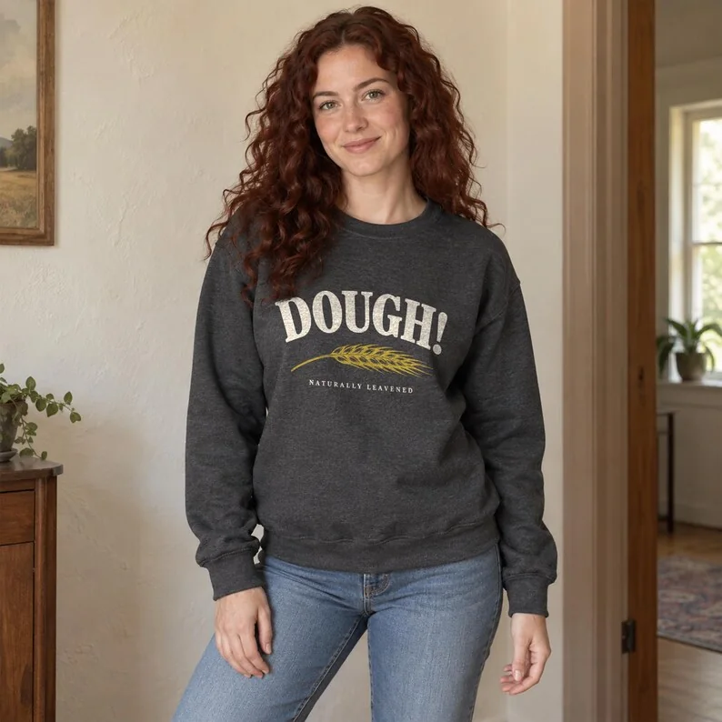 Dark heather DOUGH sourdough sweatshirt on woman, vintage bread baking design for sourdough lovers and home bakers.
